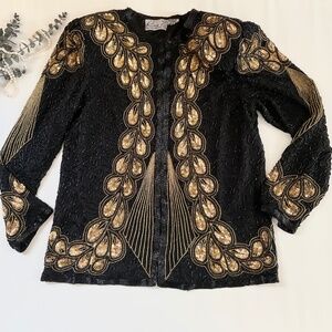 Heavy Beaded Silk Blazer Vtg Womens Medium Special Occasion Formal Holiday Gala